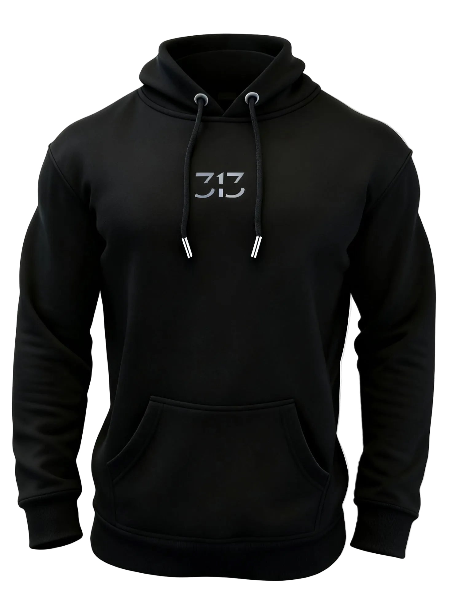 Black hoodie with a logo on the chest against a white background